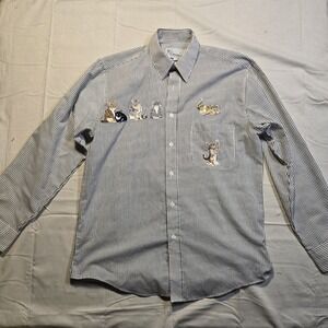Mili Designs Black & White Stripe Button Up Shirt Cats & Rhinestone Studs Small